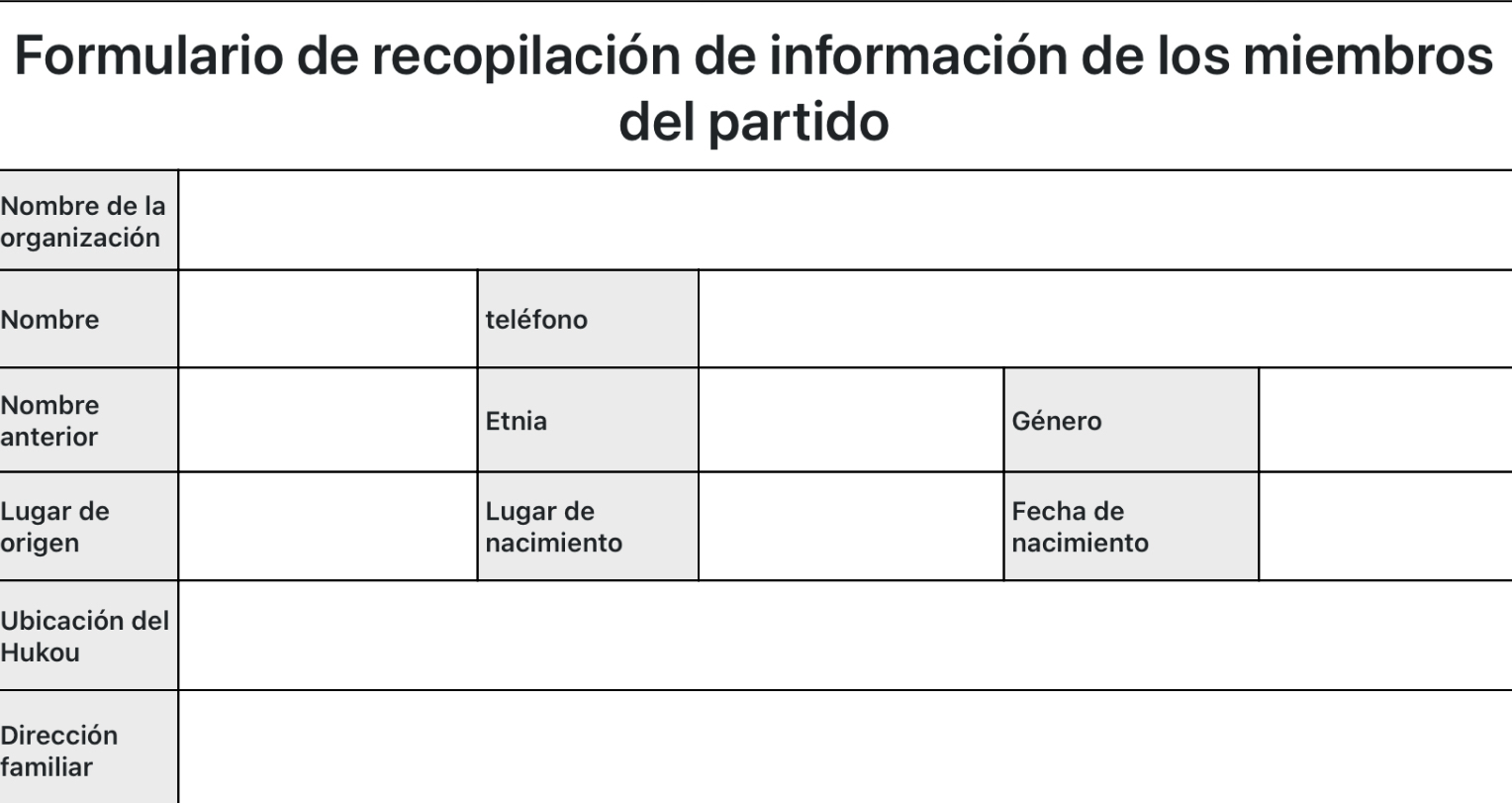 Formulario de recopilación de información de los miembros del partido